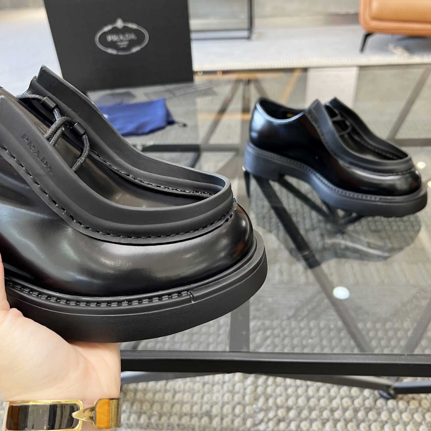 Prada Brushed Leather Lace-up Shoes - FashionPlug