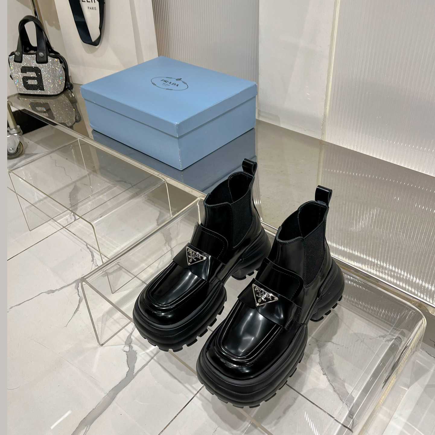 Prada Monolith Brushed Leather Flatform Loafers - FashionPlug