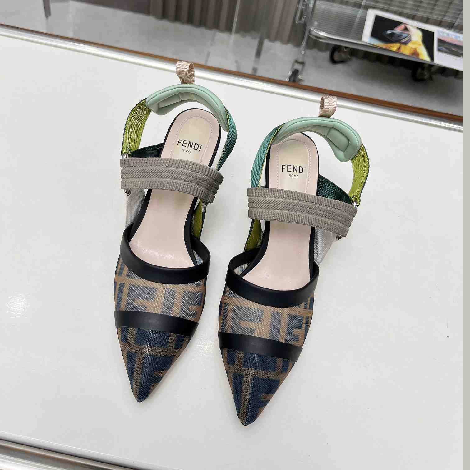 Fendi Colibrì Brown Mesh High-heeled Slingbacks - FashionPlug