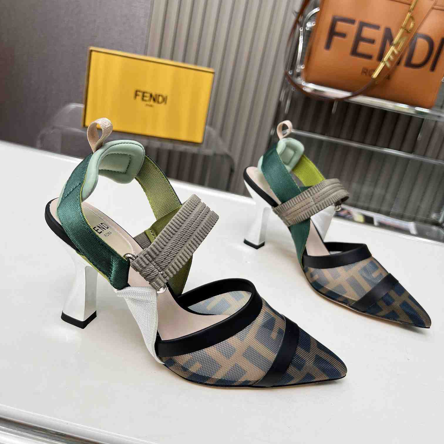Fendi Colibrì Brown Mesh High-heeled Slingbacks - FashionPlug