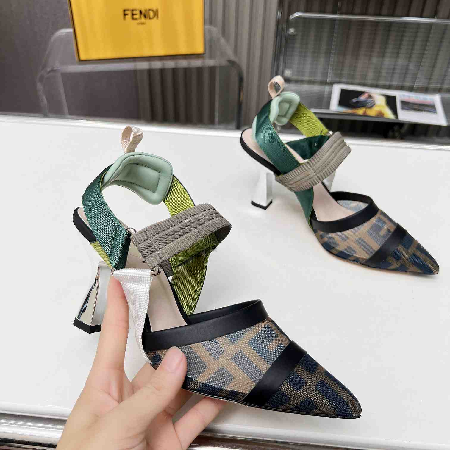 Fendi Colibrì Brown Mesh High-heeled Slingbacks - FashionPlug