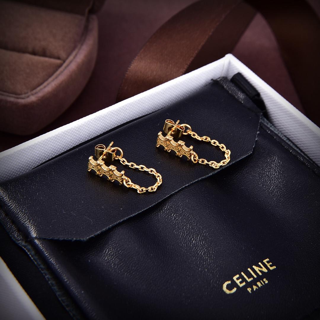 Celine Triomphe Chain Earrings In Brass With Gold Finish - FashionPlug