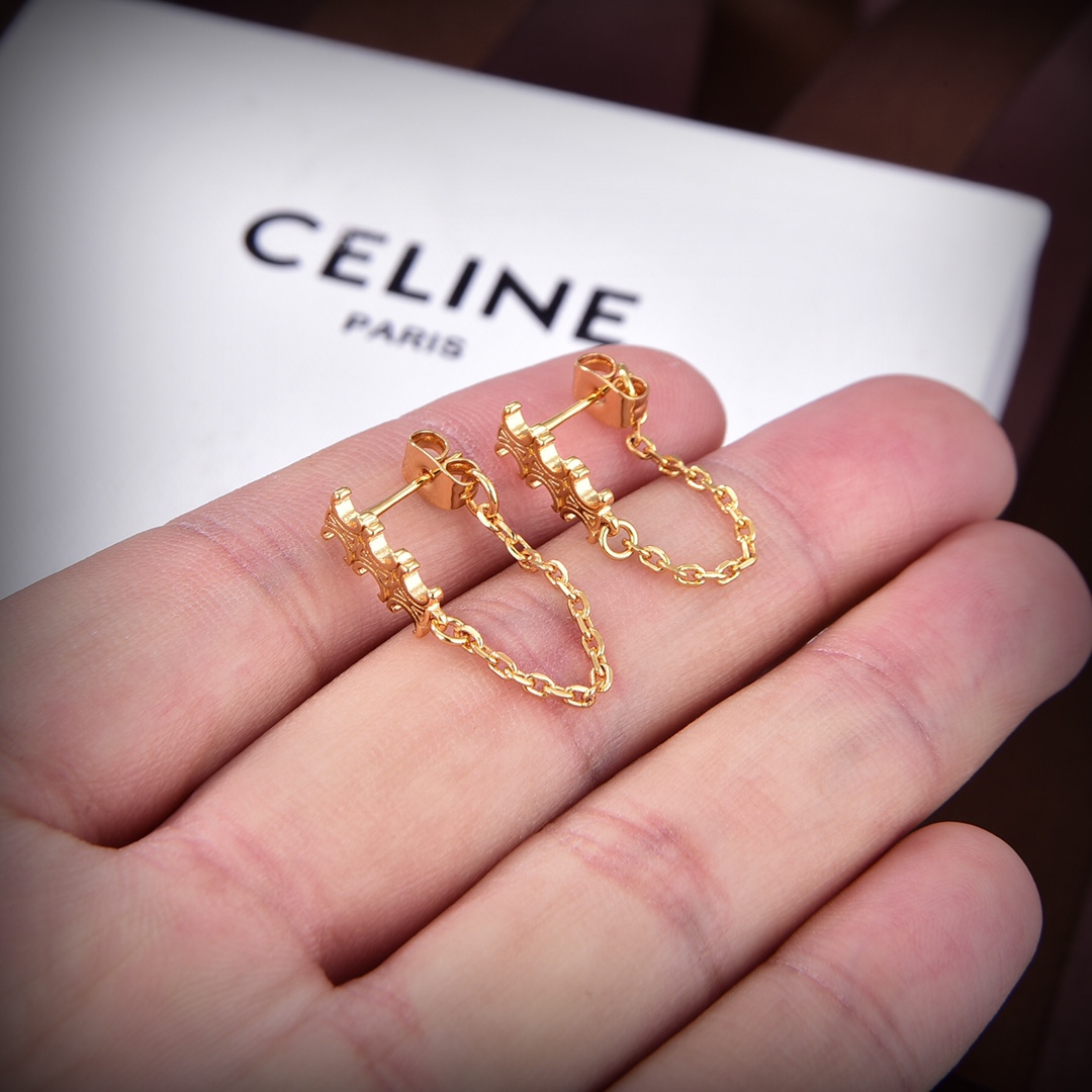 Celine Triomphe Chain Earrings In Brass With Gold Finish - FashionPlug