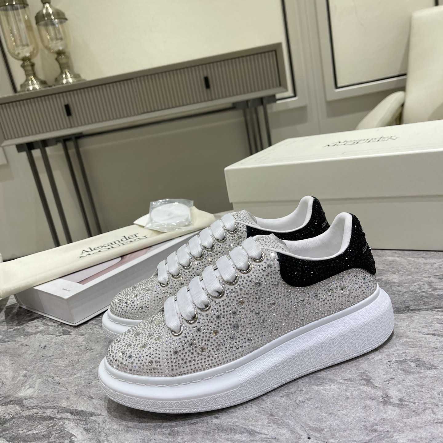 Alexander Mqueen Crystal-embellished Oversized Sneaker In White/Black - FashionPlug
