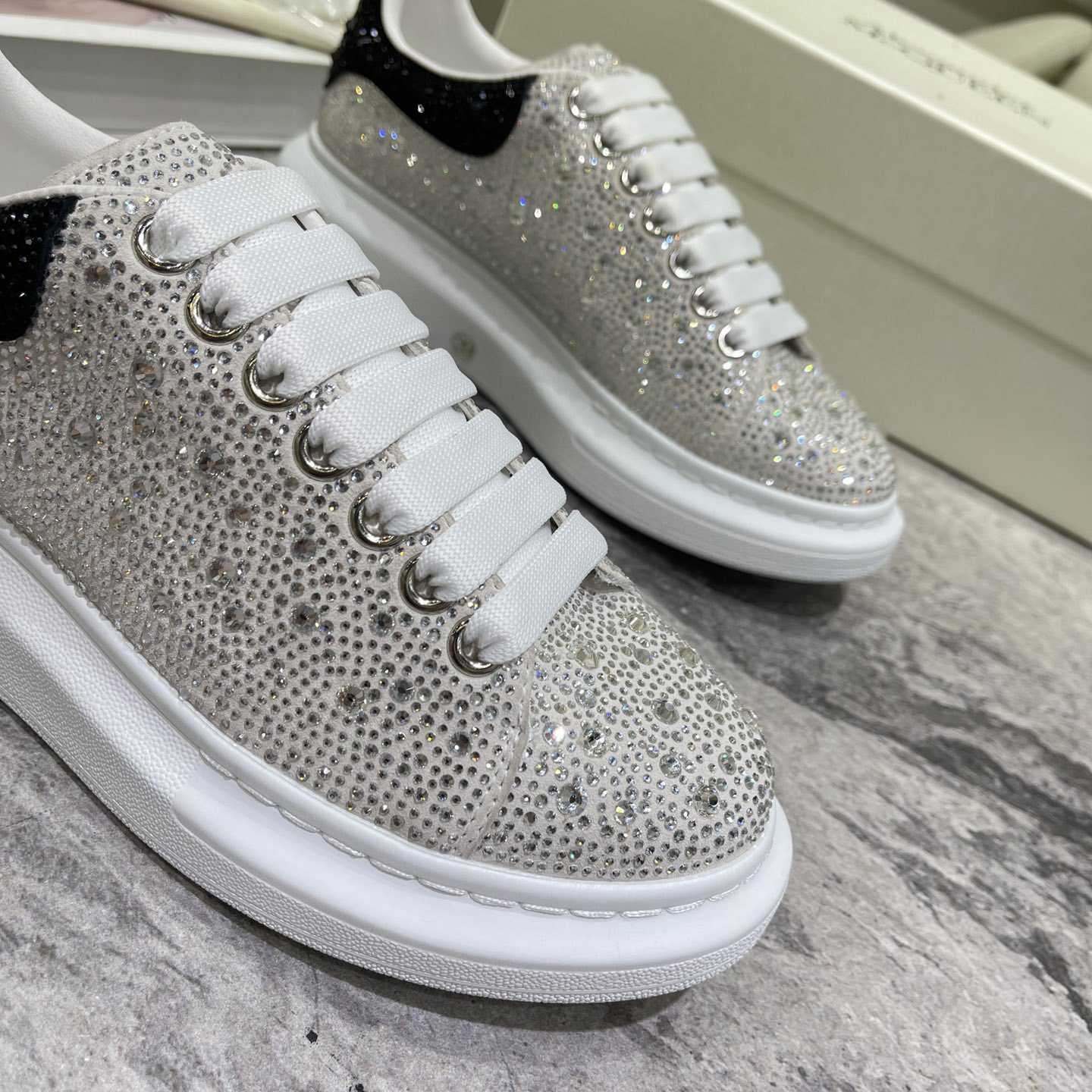 Alexander Mqueen Crystal-embellished Oversized Sneaker In White/Black - FashionPlug
