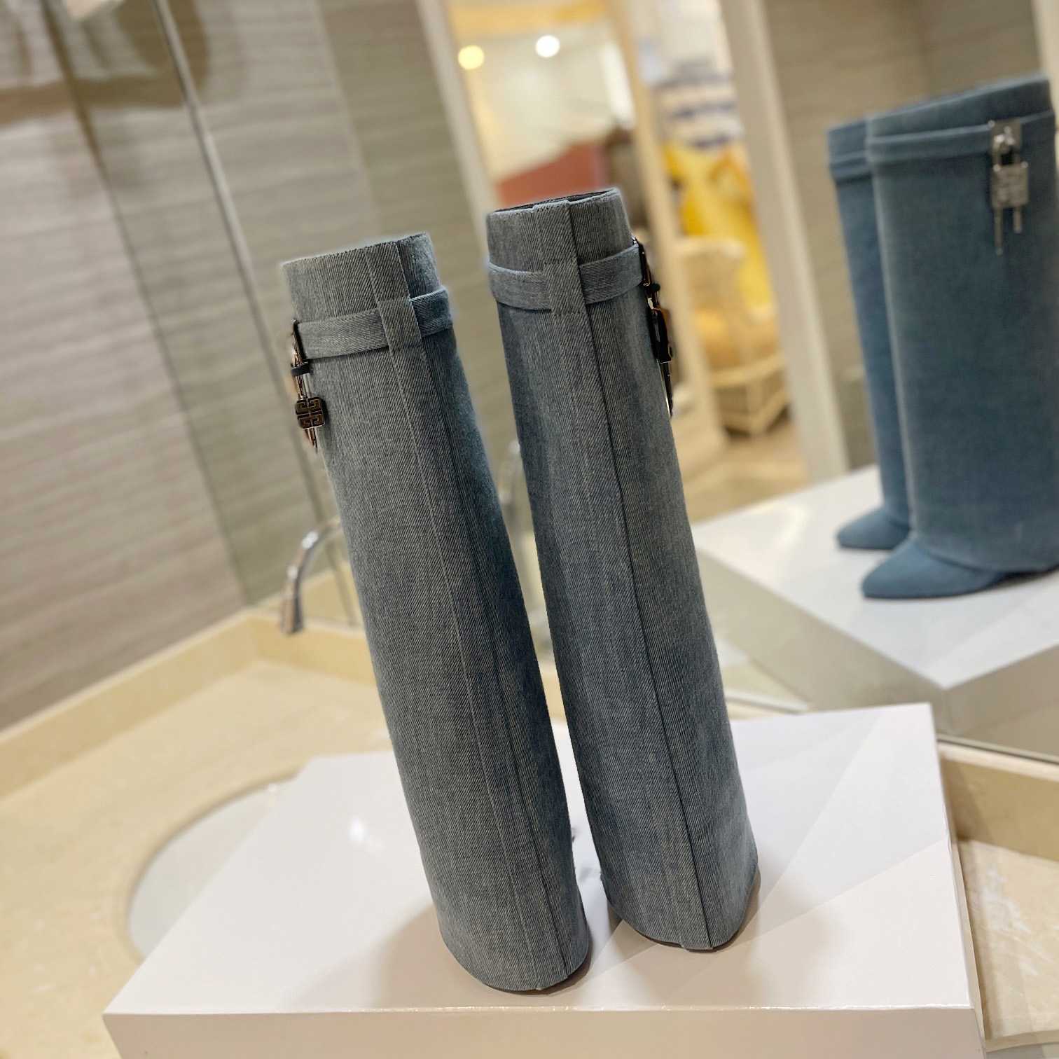 Givenchy Shark Lock Boots In Washed Denim - FashionPlug