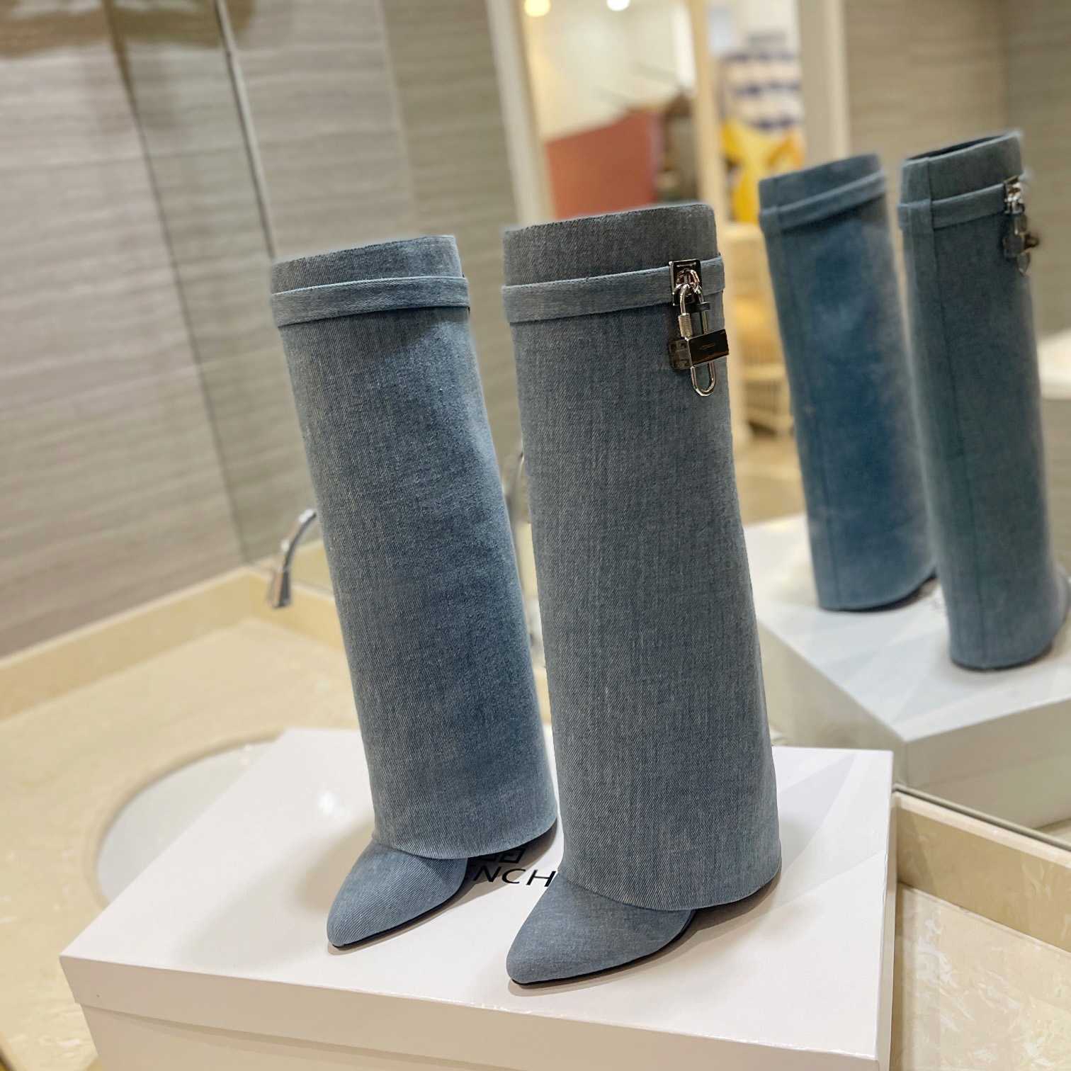 Givenchy Shark Lock Boots In Washed Denim - FashionPlug