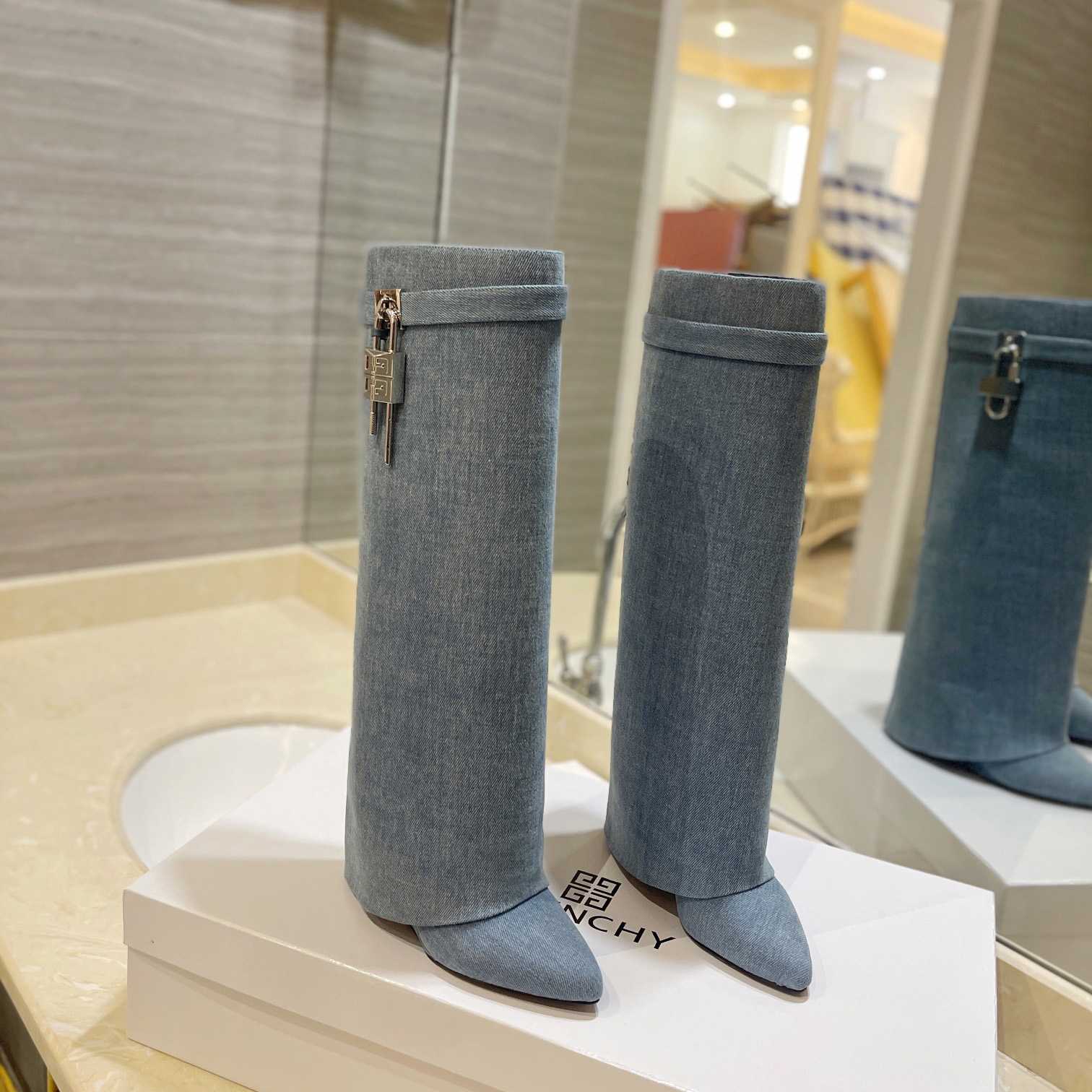 Givenchy Shark Lock Boots In Washed Denim - FashionPlug