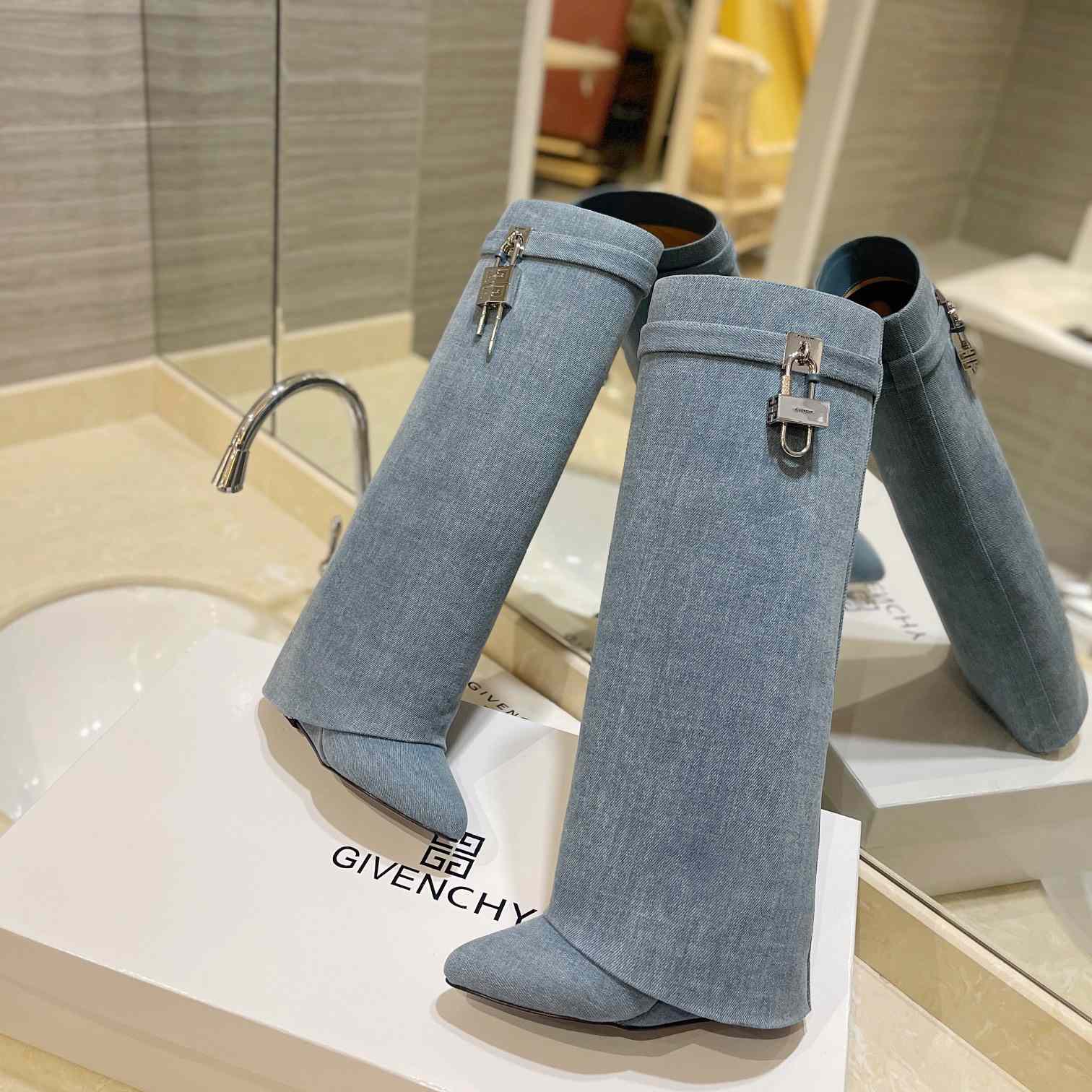 Givenchy Shark Lock Boots In Washed Denim - FashionPlug
