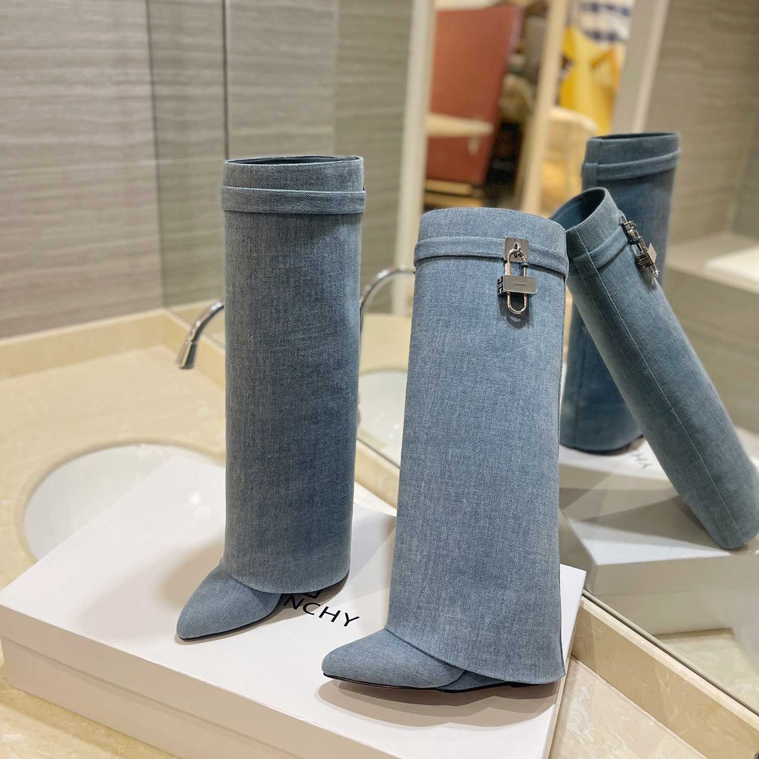Givenchy Shark Lock Boots In Washed Denim - FashionPlug