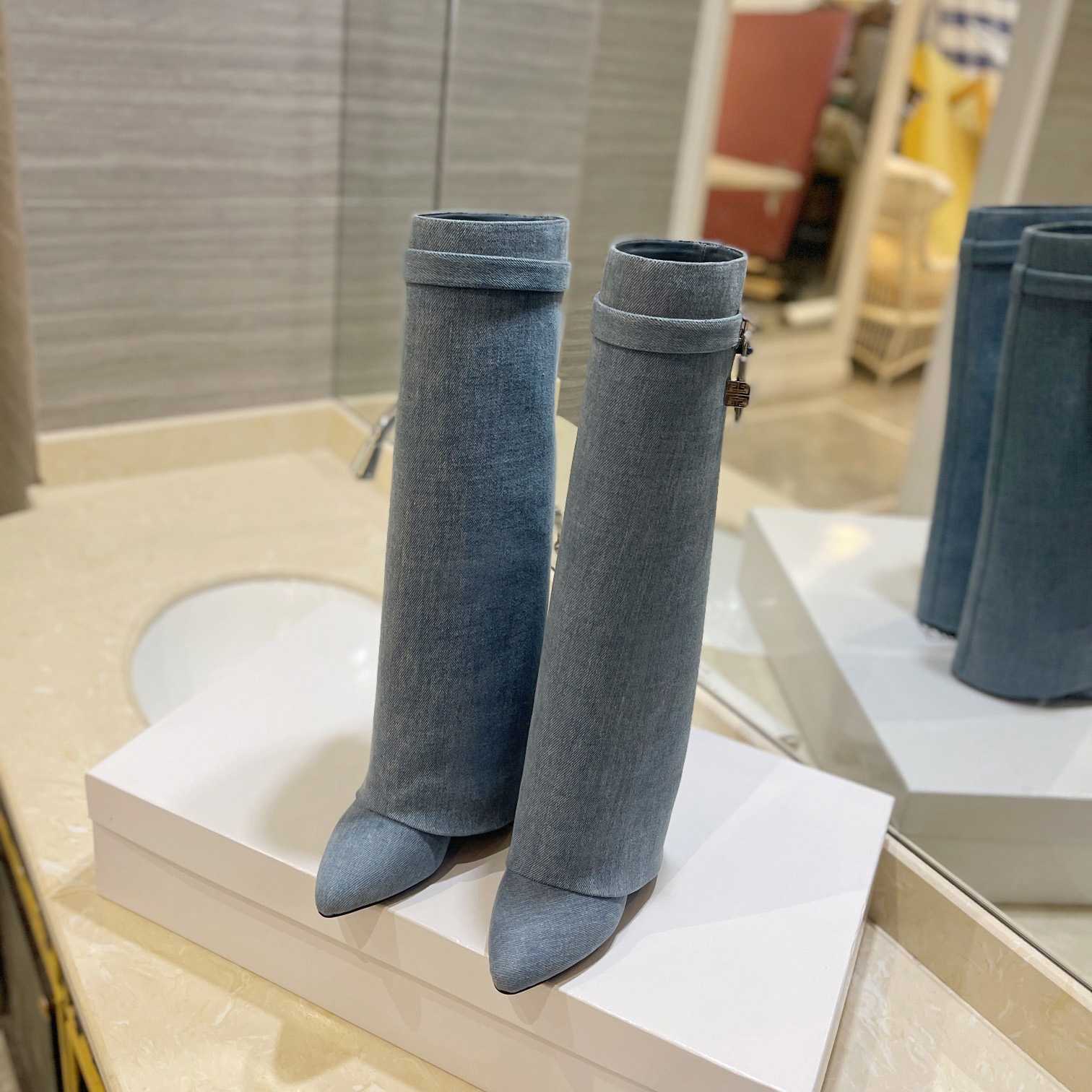 Givenchy Shark Lock Boots In Washed Denim - FashionPlug