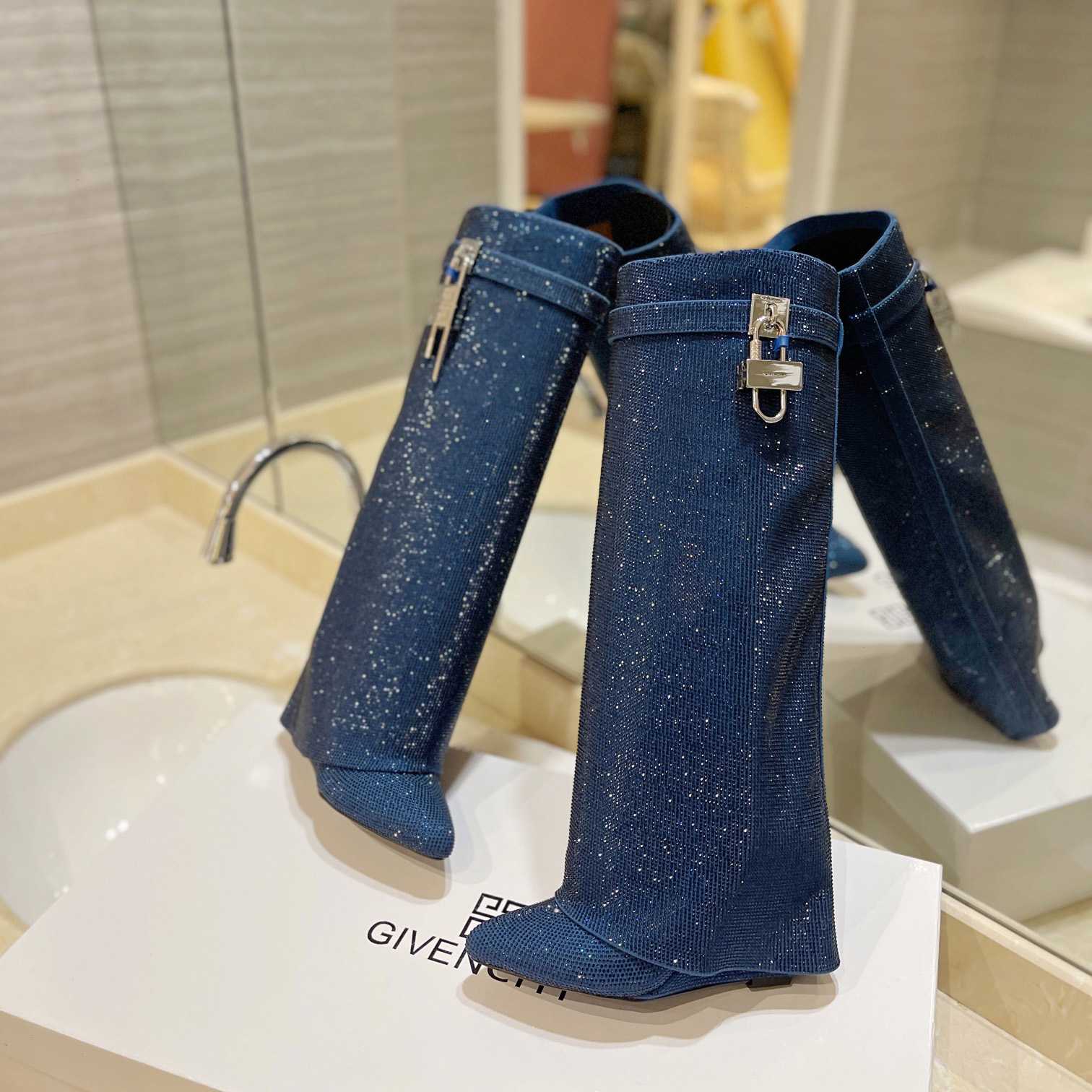 Givenchy Shark Lock Boots In Satin With Strass - FashionPlug
