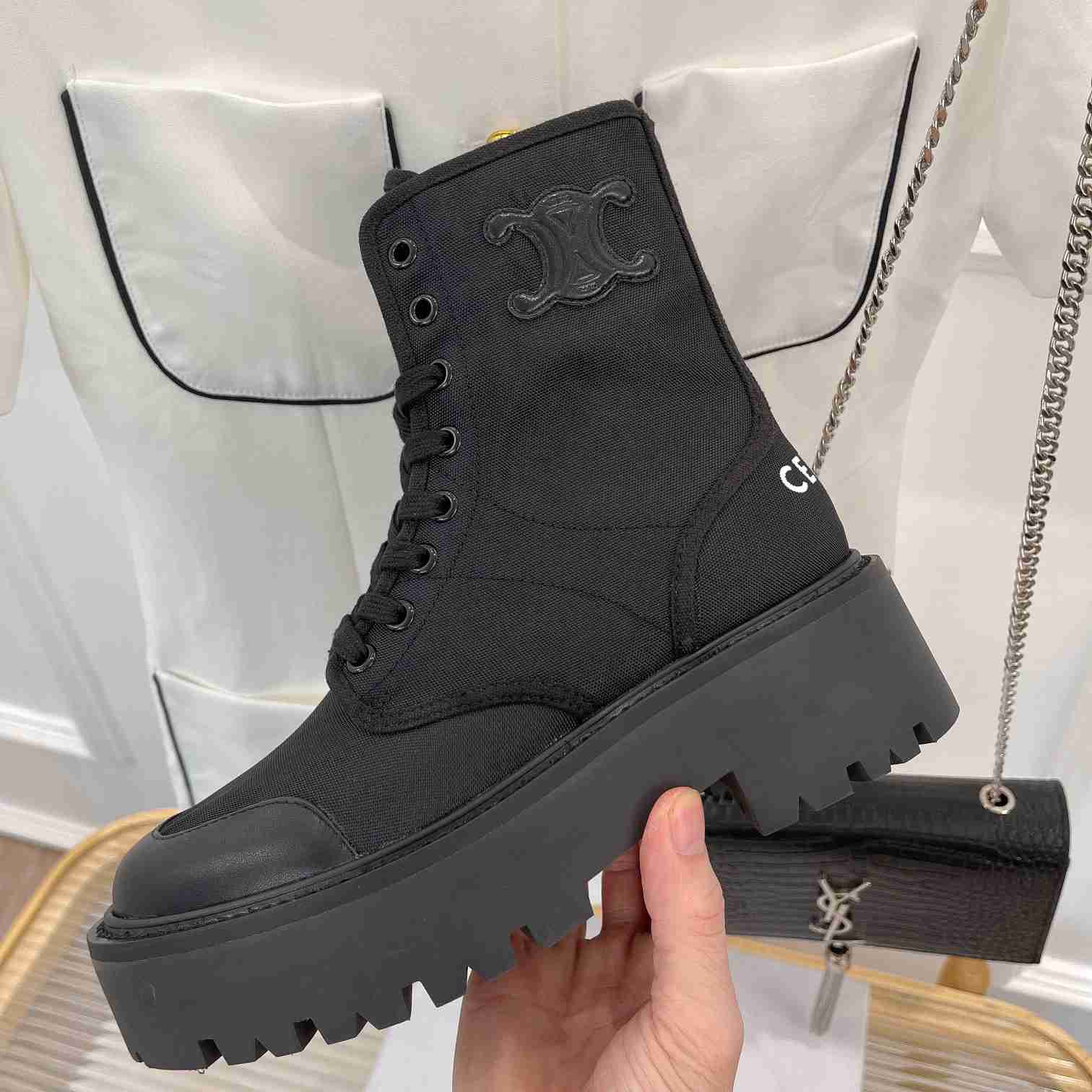 Celine Bulky Laced Up Boot In Nylon And Shiny Bull - FashionPlug