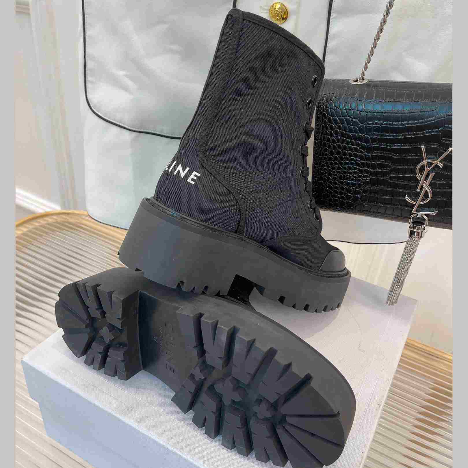 Celine Bulky Laced Up Boot In Nylon And Shiny Bull - FashionPlug