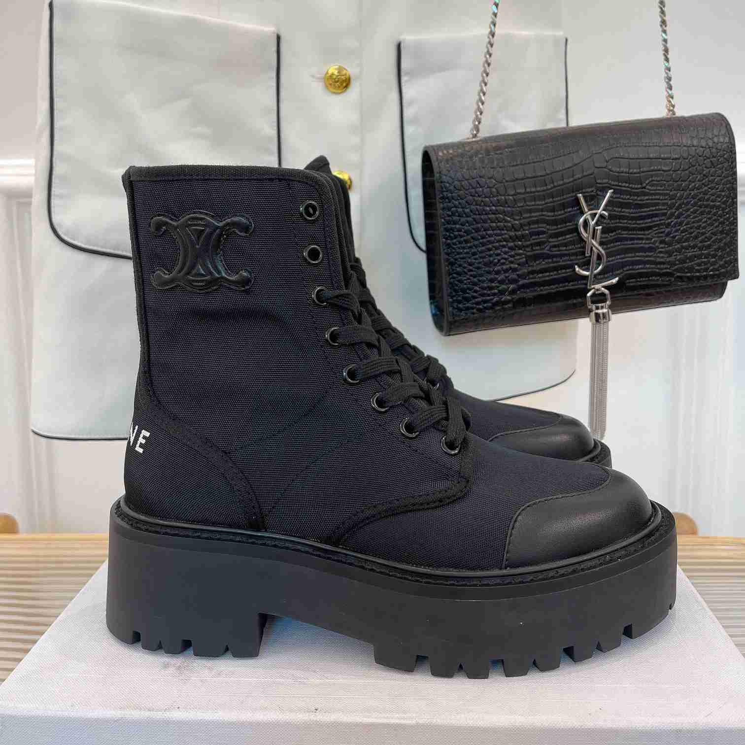 Celine Bulky Laced Up Boot In Nylon And Shiny Bull - FashionPlug