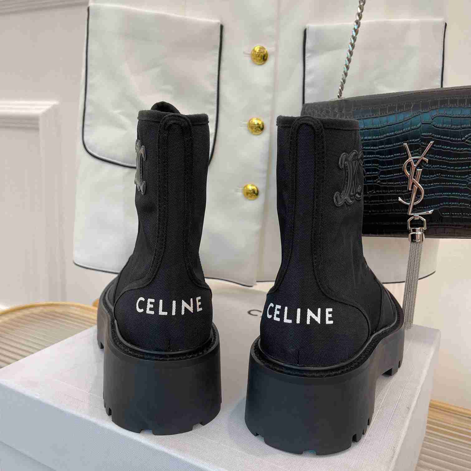 Celine Bulky Laced Up Boot In Nylon And Shiny Bull - FashionPlug
