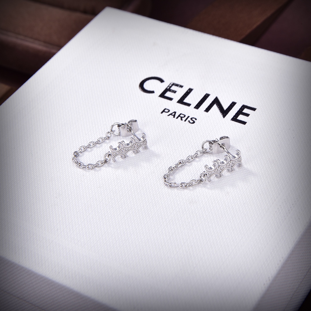 Celine Triomphe Chain Earrings In Brass With Rhodium Finish - FashionPlug