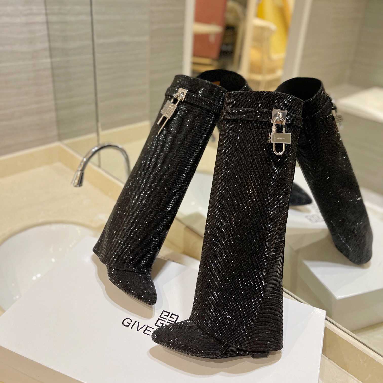 Givenchy Shark Lock Boots In Satin With Strass - FashionPlug