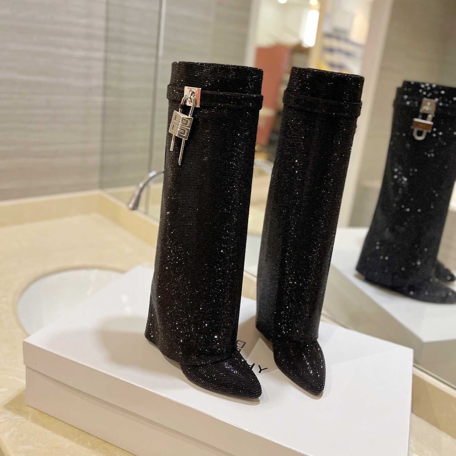 Givenchy Shark Lock Boots In Satin With Strass - FashionPlug