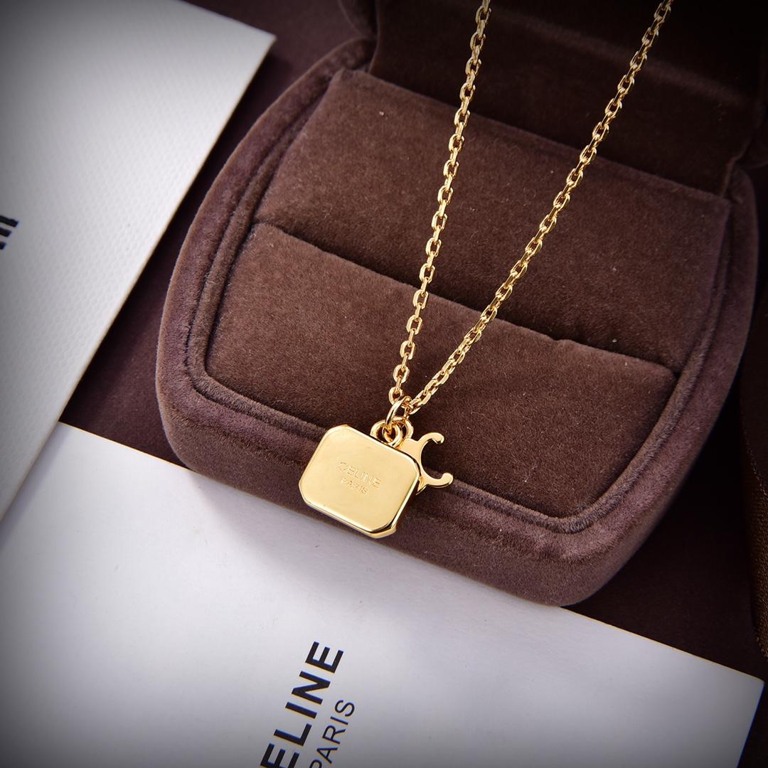 Celine Triomphe Indie Small Charms Necklace In Brass With Gold Finish And Nero Assoluto - FashionPlug