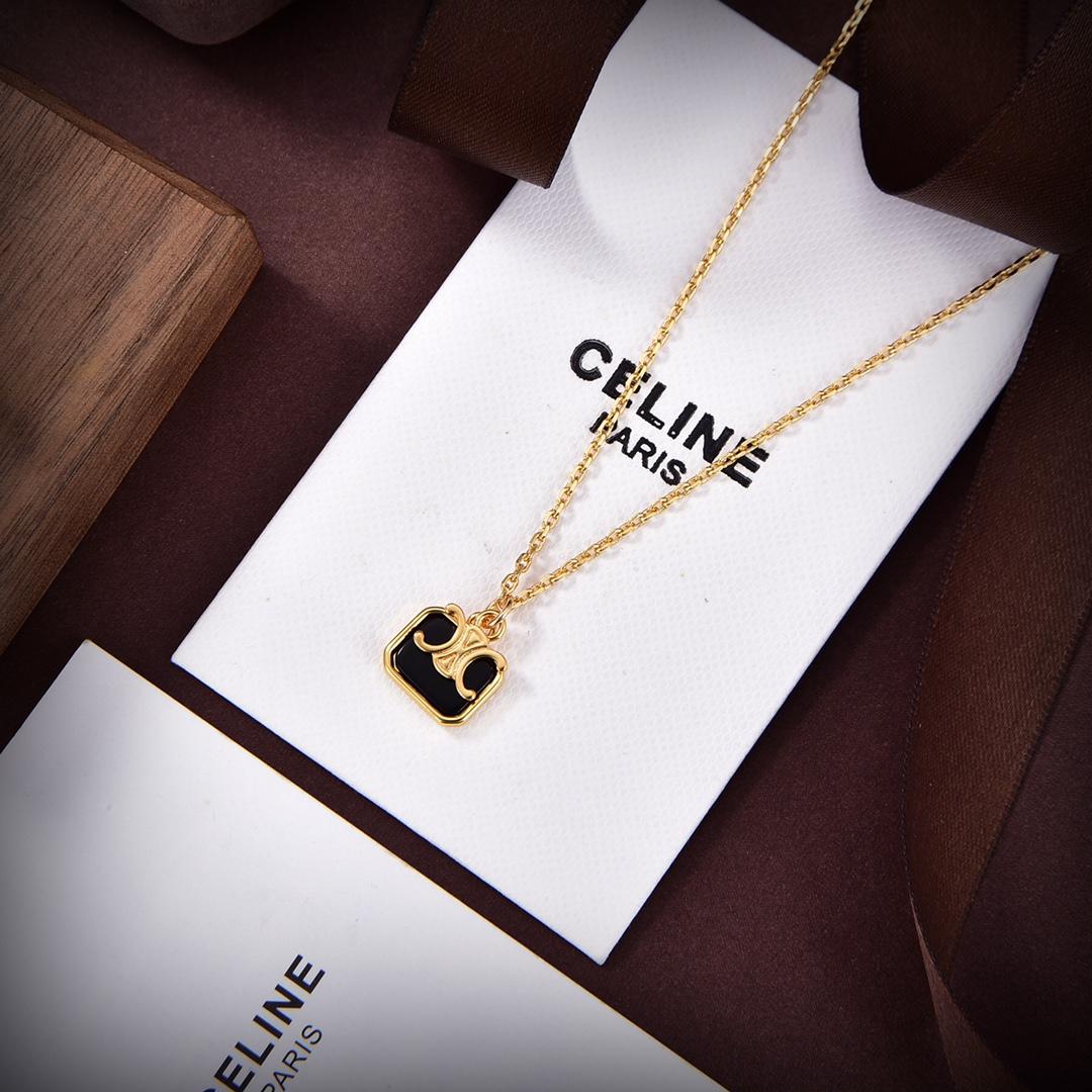 Celine Triomphe Indie Small Charms Necklace In Brass With Gold Finish And Nero Assoluto - FashionPlug