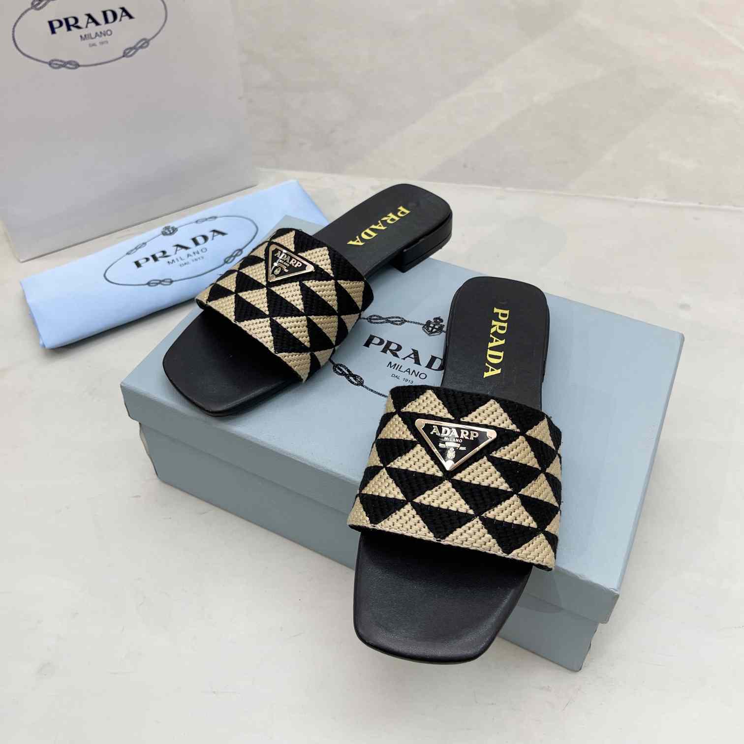 Prada Embroidered Fabric Slides - FashionPlug