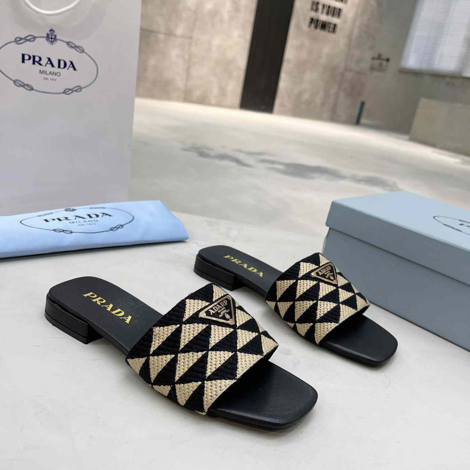 Prada Embroidered Fabric Slides - FashionPlug