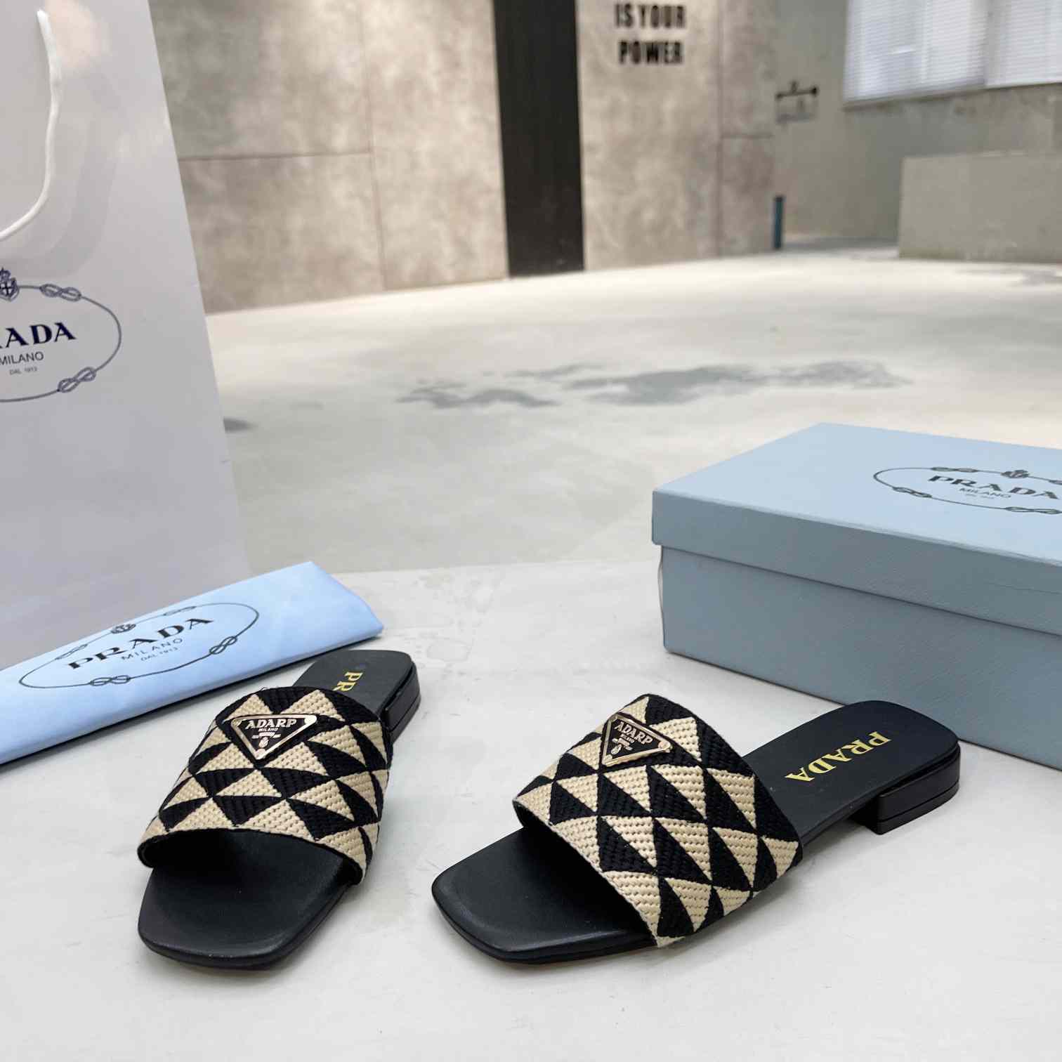Prada Embroidered Fabric Slides - FashionPlug