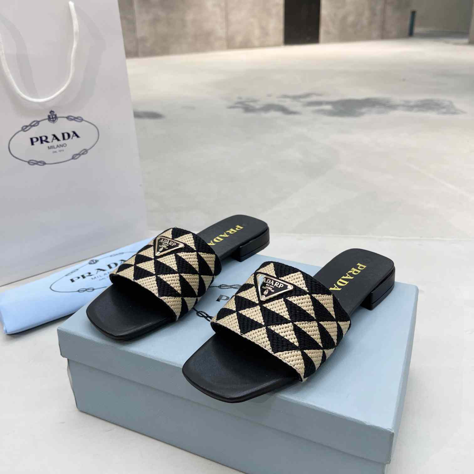 Prada Embroidered Fabric Slides - FashionPlug