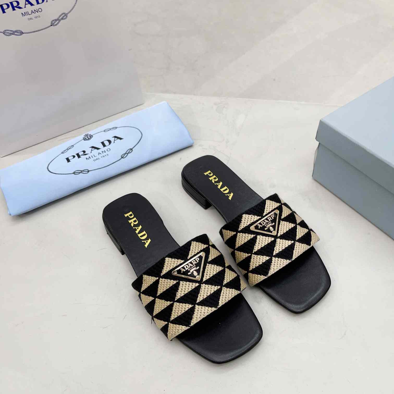 Prada Embroidered Fabric Slides - FashionPlug