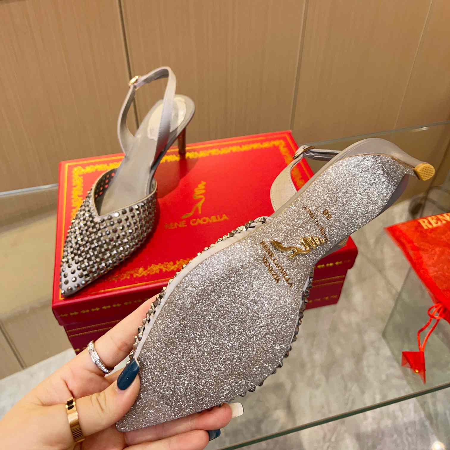 Rene Caovilla Ginger Crystal Silver Slingback 80 - FashionPlug