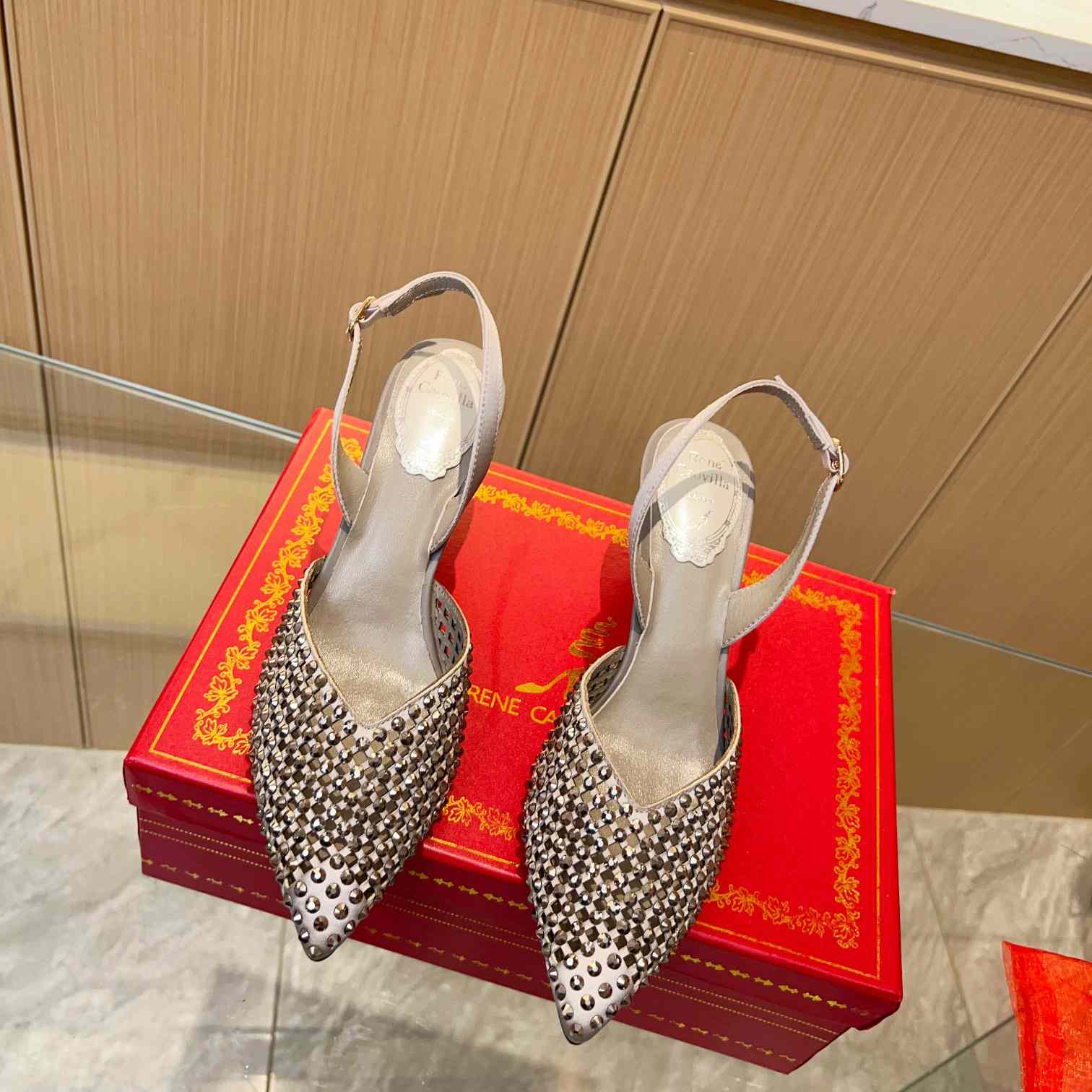 Rene Caovilla Ginger Crystal Silver Slingback 80 - FashionPlug