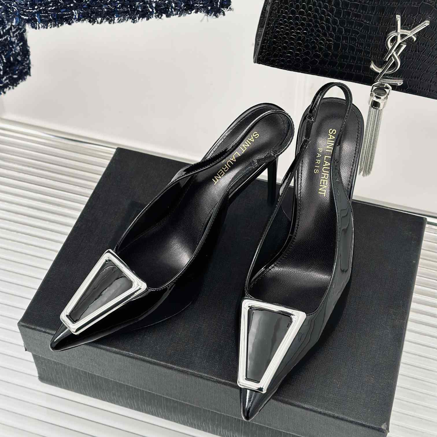 Saint Laurent Avenue Slingback Pumps In Patent Leather - FashionPlug