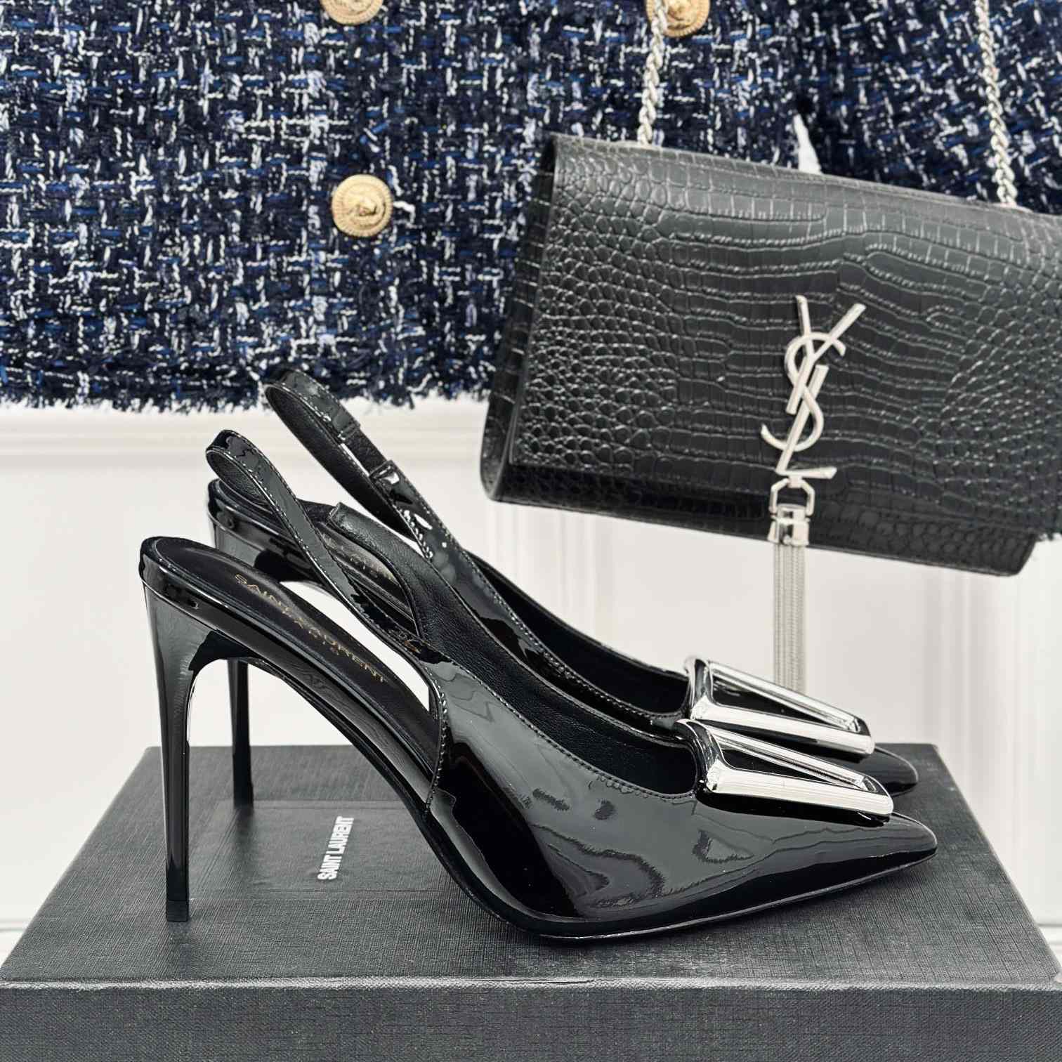 Saint Laurent Avenue Slingback Pumps In Patent Leather - FashionPlug