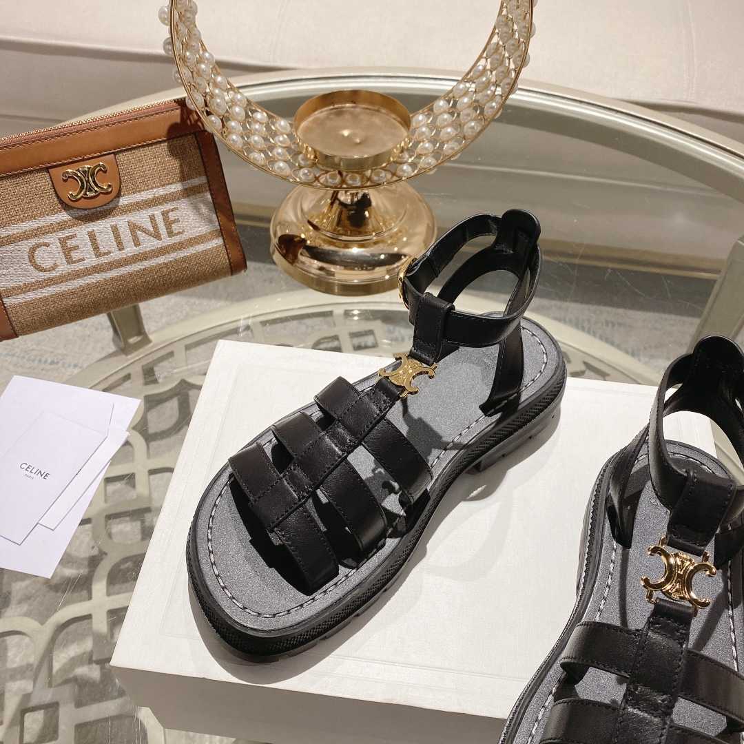 Celine Clea Triomphe Gladiator Sandal In Calfskin - Vegetal Tanning Black - FashionPlug