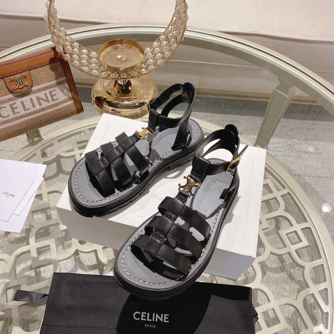 Celine Clea Triomphe Gladiator Sandal In Calfskin - Vegetal Tanning Black - FashionPlug
