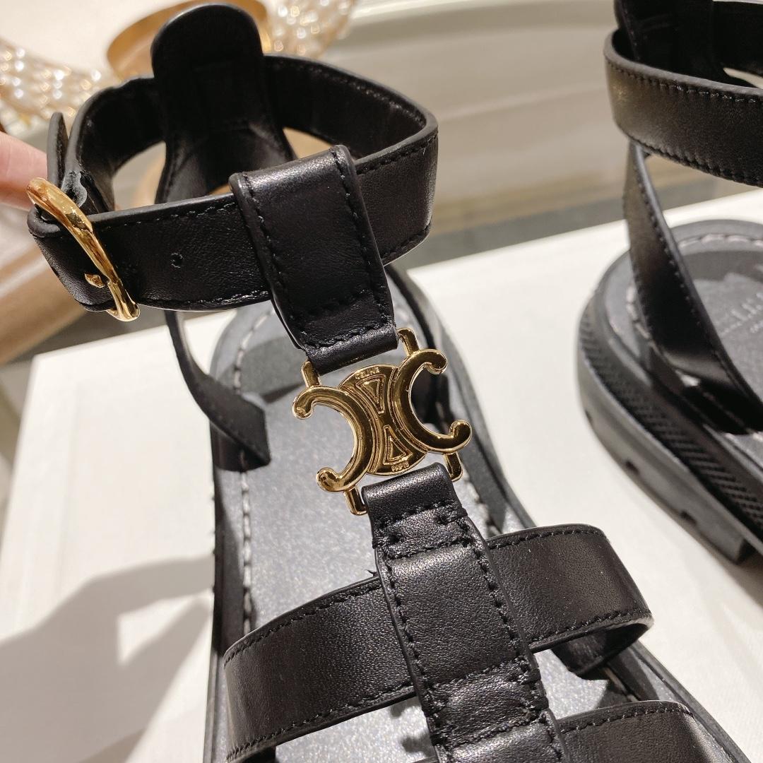 Celine Clea Triomphe Gladiator Sandal In Calfskin - Vegetal Tanning Black - FashionPlug