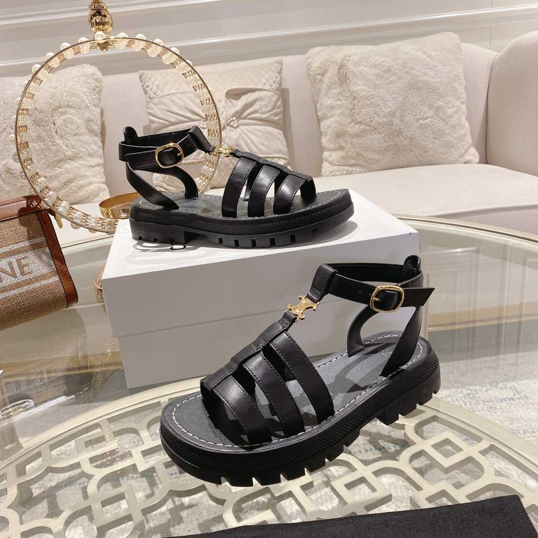 Celine Clea Triomphe Gladiator Sandal In Calfskin - Vegetal Tanning Black - FashionPlug