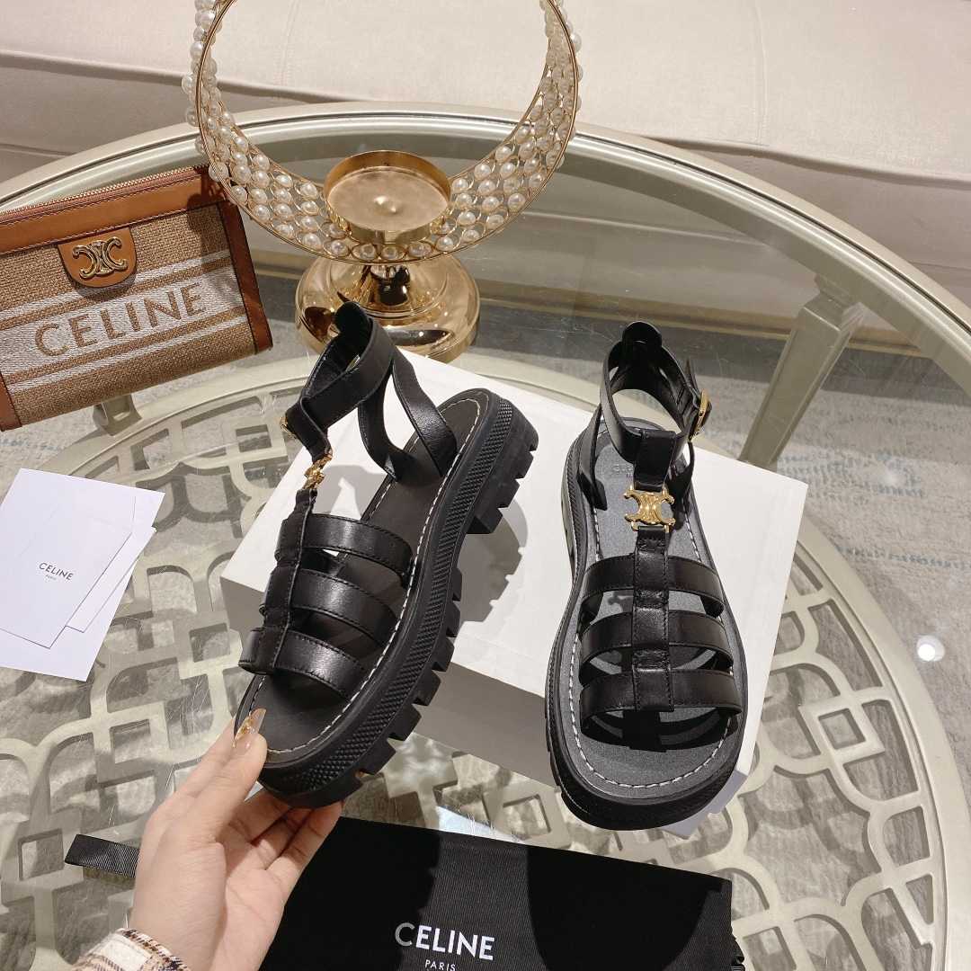 Celine Clea Triomphe Gladiator Sandal In Calfskin - Vegetal Tanning Black - FashionPlug