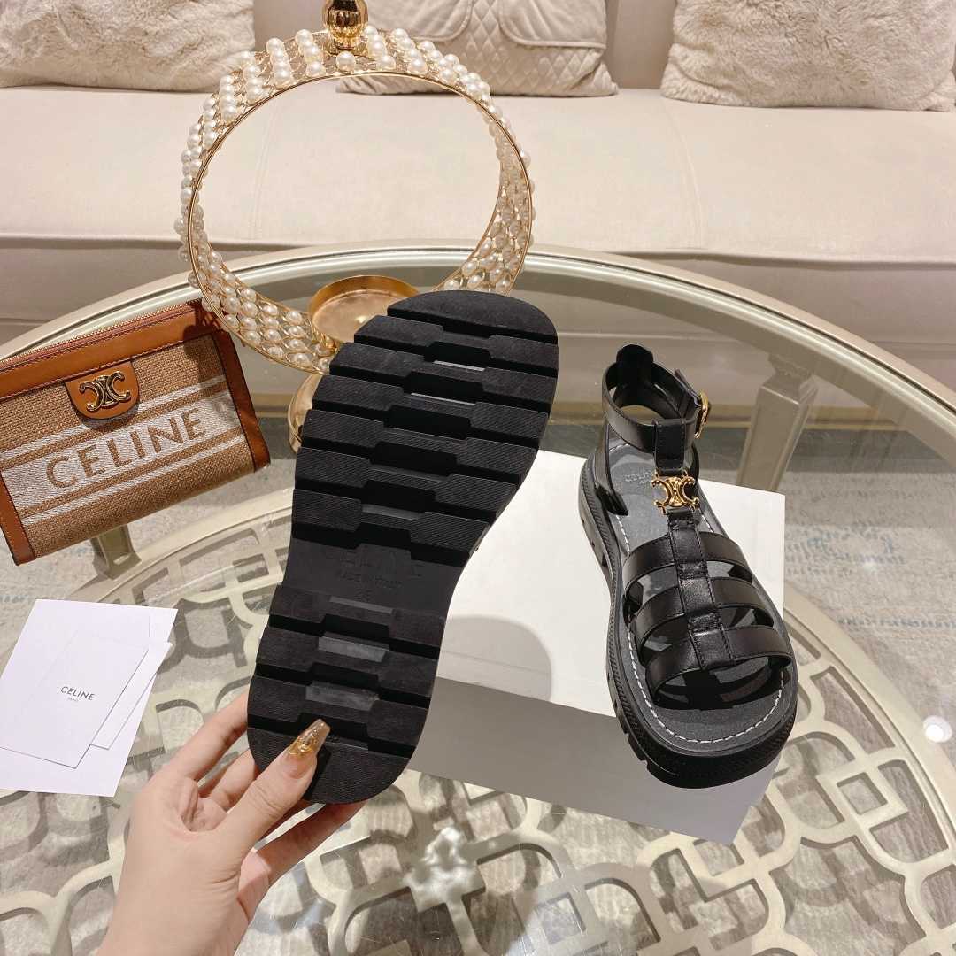 Celine Clea Triomphe Gladiator Sandal In Calfskin - Vegetal Tanning Black - FashionPlug