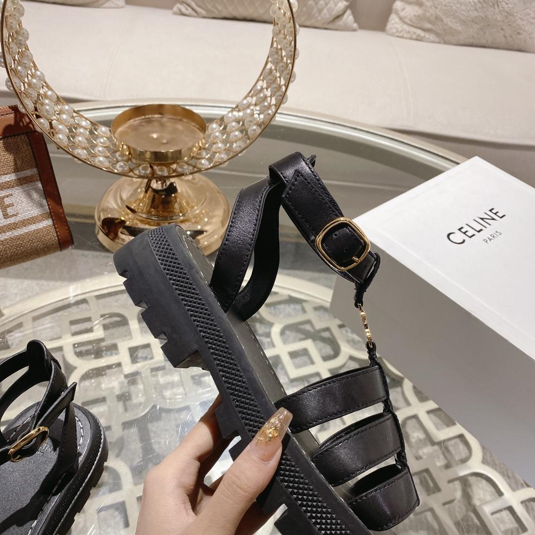 Celine Clea Triomphe Gladiator Sandal In Calfskin - Vegetal Tanning Black - FashionPlug