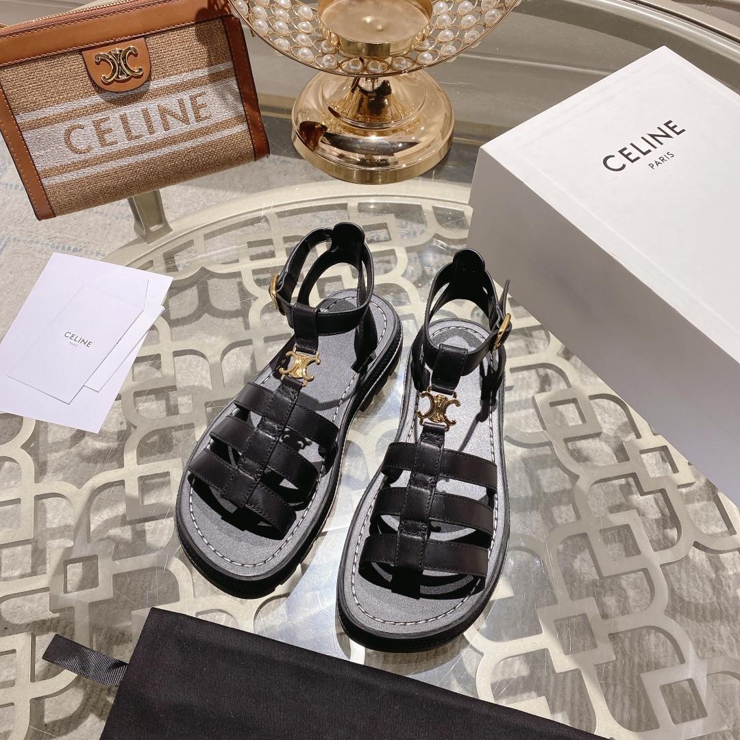 Celine Clea Triomphe Gladiator Sandal In Calfskin - Vegetal Tanning Black - FashionPlug