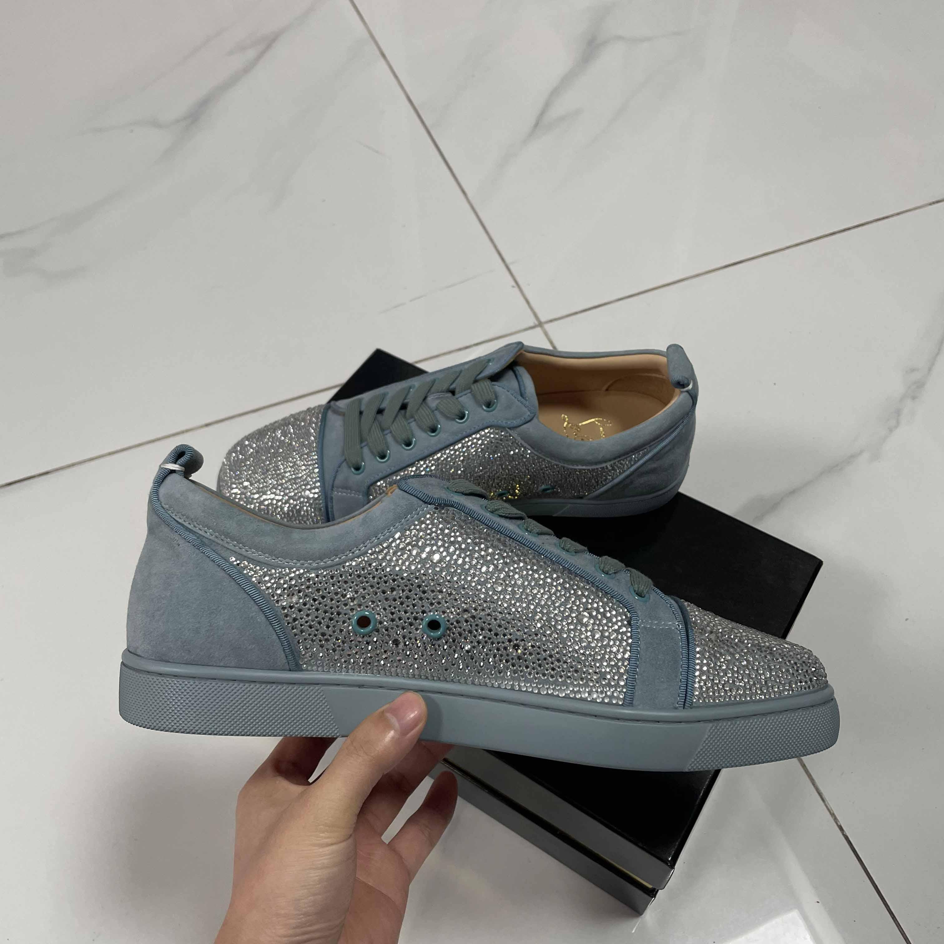 Christian Louboutin Men's Louis Junior Strass Rhinestone Suede Low-Top Sneakers - FashionPlug