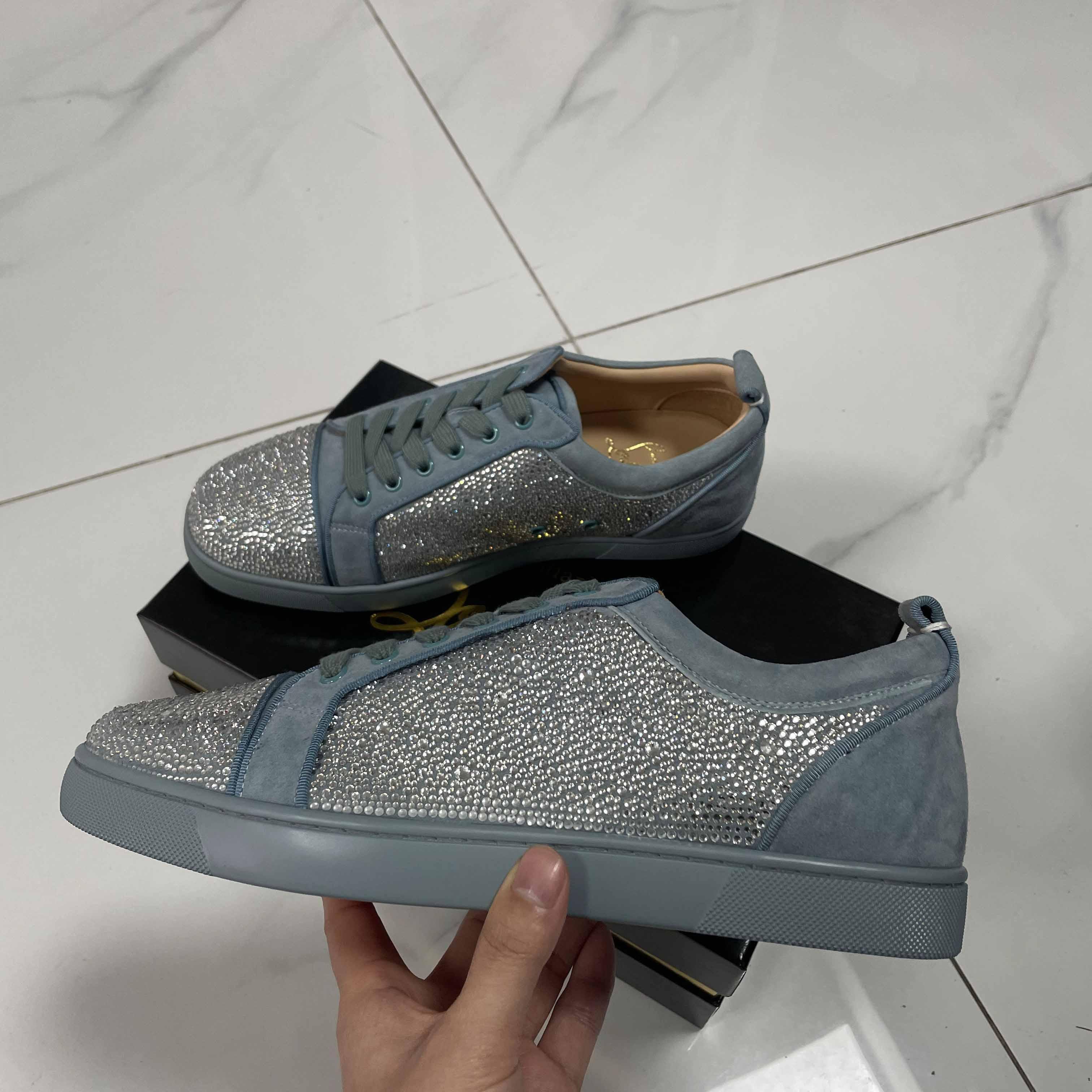 Christian Louboutin Men's Louis Junior Strass Rhinestone Suede Low-Top Sneakers - FashionPlug