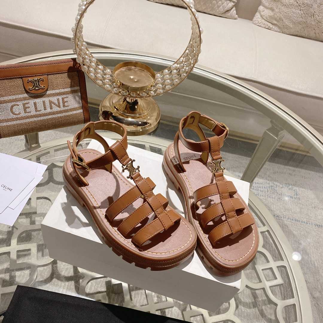 Celine Clea Triomphe Gladiator Sandal In Calfskin - Vegetal Tanning Tan - FashionPlug