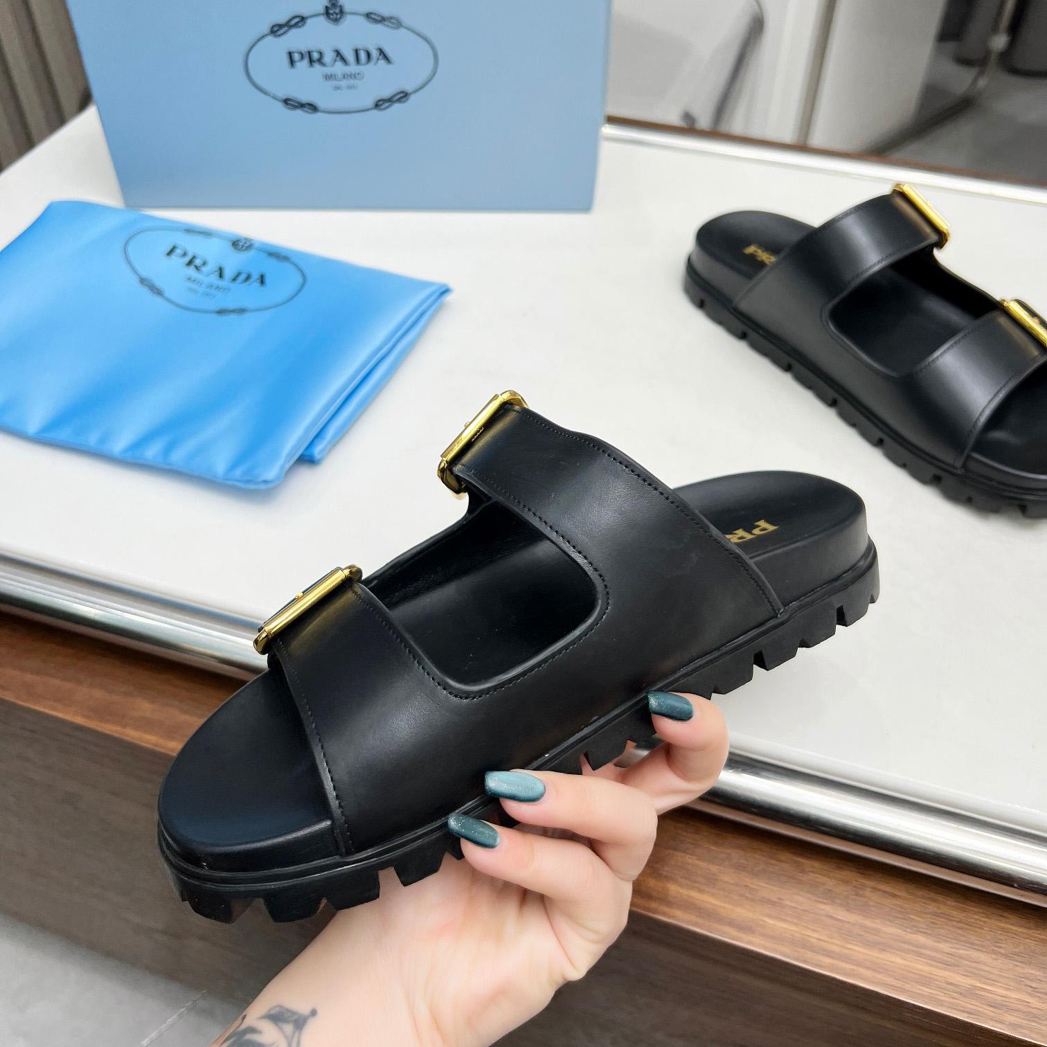 Prada Leather Strap Slides - FashionPlug