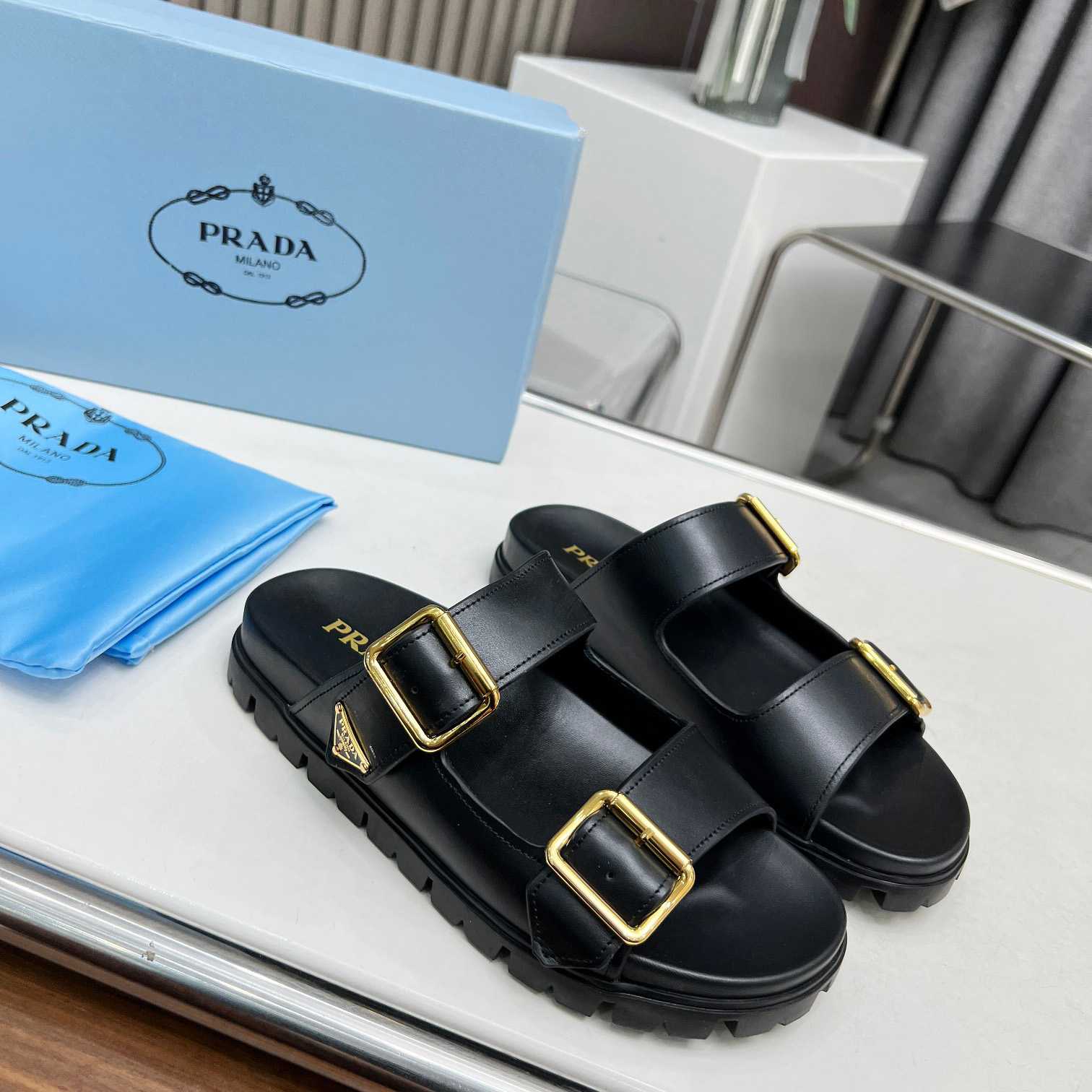 Prada Leather Strap Slides - FashionPlug
