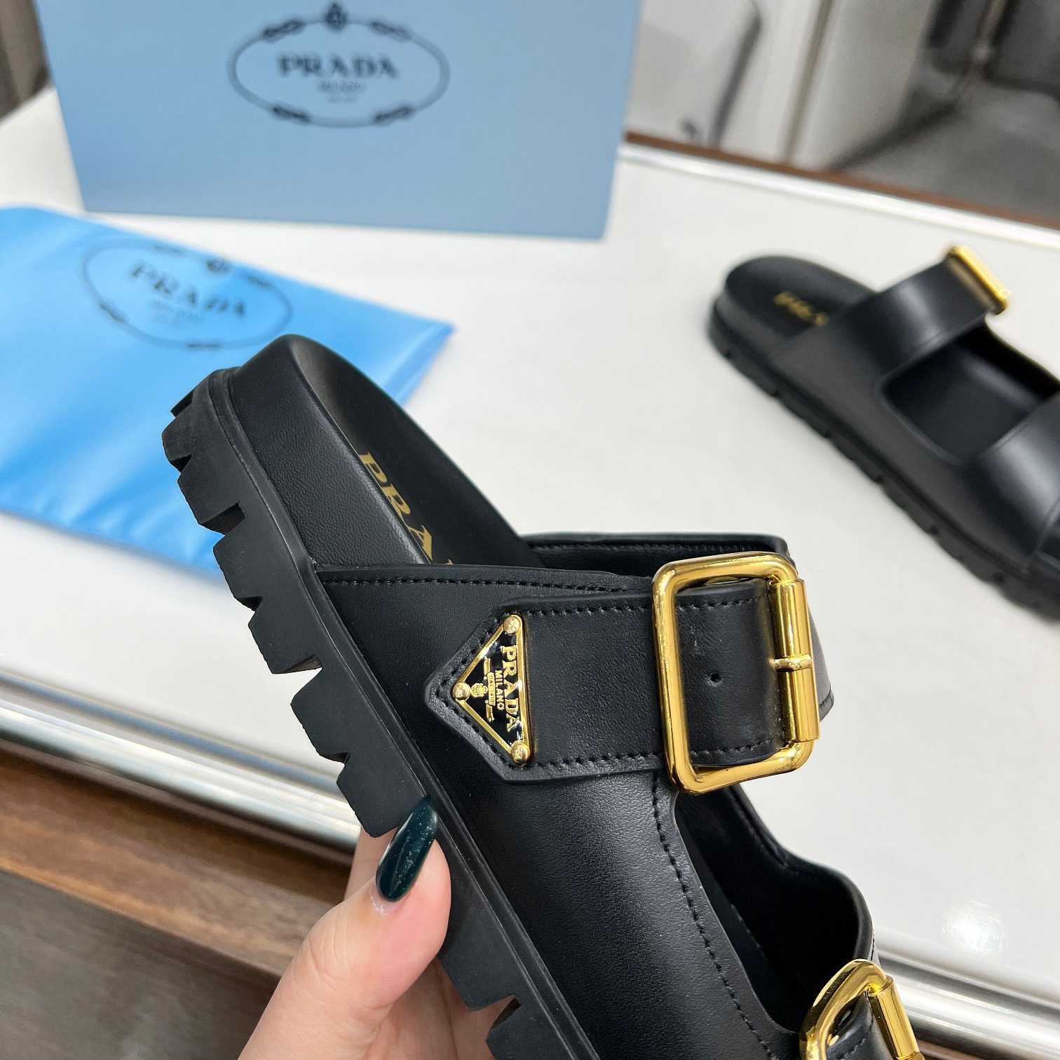 Prada Leather Strap Slides - FashionPlug