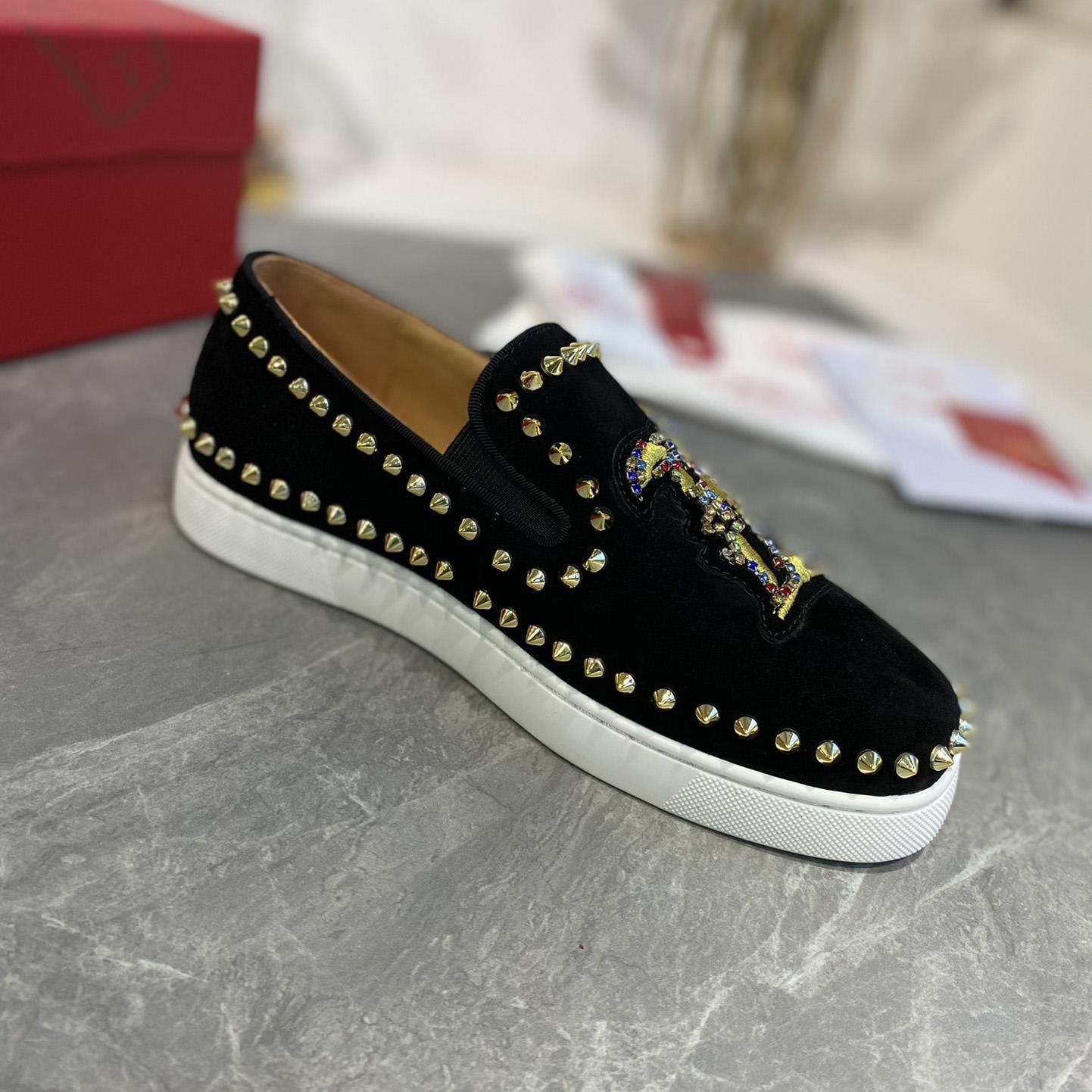 Christian Louboutin Studded Suede Spike Slip-On Sneakers - FashionPlug