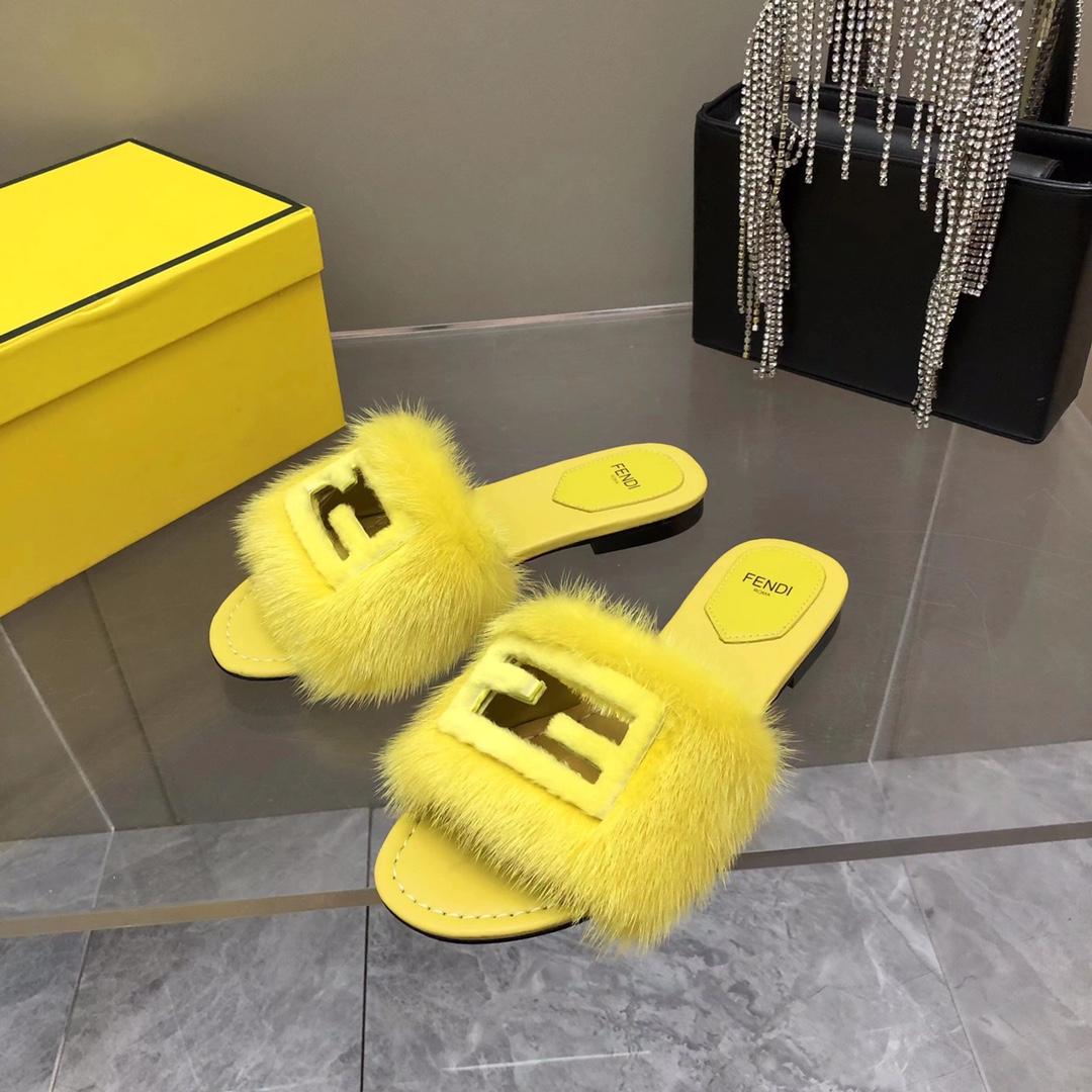 Fendi Baguette Yellow Mink Slides - FashionPlug